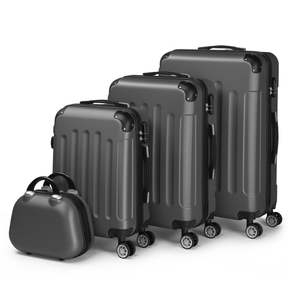 FCH Corner-Protected Four-Piece Set ABS Luggage 20in, 24in, 28in + 12in Handbag with ABS Material and Steel Telescopic Handle in Classic Dark Grey