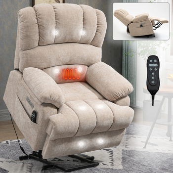 23\\" Seat Width and High Back Large Size Beige Chenille Power Lift Recliner Chair with 8-Point Vibration Massage and Lumbar Heating