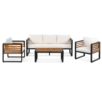 Large Size 4-pieces Outdoor Furniture sofa for 5 Person Conversation Set, Garden Sofa Set With Removable Cushion, Metal And Wood Frame Sofa set, Thick Cushions, Acacia Wood Tabletop, Beige