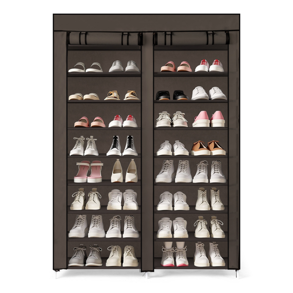 FCH Double Row 10-Tier Non-Woven Fabric Shoe Cabinet with Iron Pipes and Plastic Components, Brown