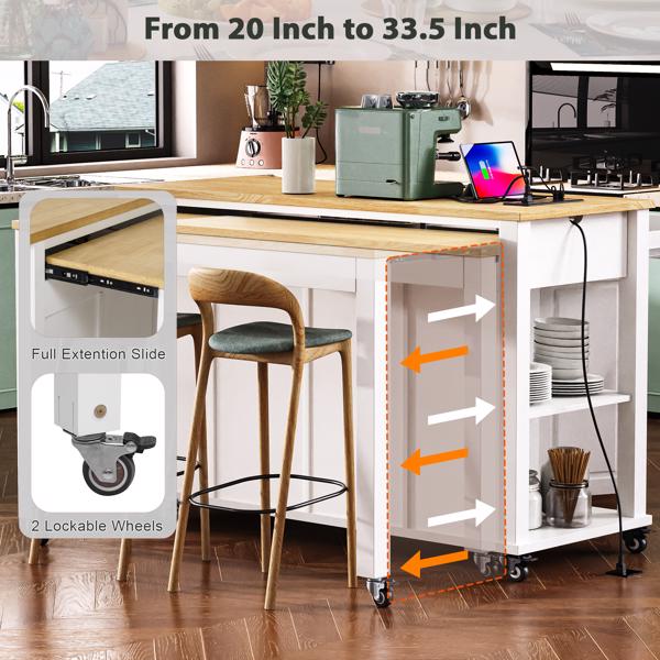 47 inch Kitchen Island with Extendable Dining Table, Rubber Wood Veneer Kitchen Table with Internal Storage Rack, Power Outlet, Kitchen island with Storage 2 Drawers 2 Cabinet,White