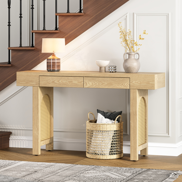 Narrow Console Table with Rattan Accent, Natural Wood Finish Entryway Table with Storage Drawers, Stylish Rustic Sofa Table for Living Room and Hallway (Natural)