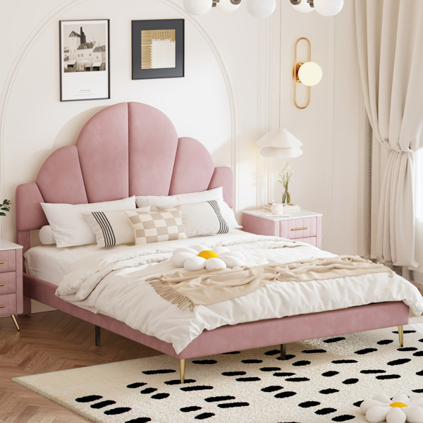 Queen Size Upholstered Bed Frame with Elegant Design, Modern Velvet Platform Bed with Petal Shape Headboard,Pink