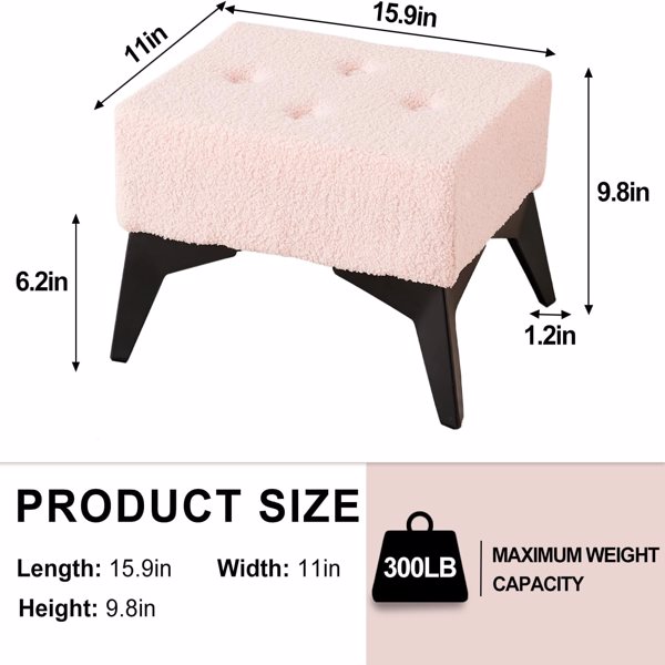 Small Footstool Ottoman Teddy Velvet Footrest Ottoman with Iron Legs, Foot Rest for Under Desk, Step Stool, Sofa Footrest for Living Room Bedroom Teddy Velvet Pink