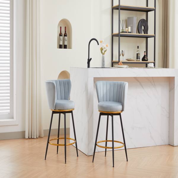 Counter Height Bar Stools Set of 2, 360° Swivel Upholstered Barstools with Backs and Metal Legs, 26" H Seat Height, Velvet Fabric,Goldy Footrest