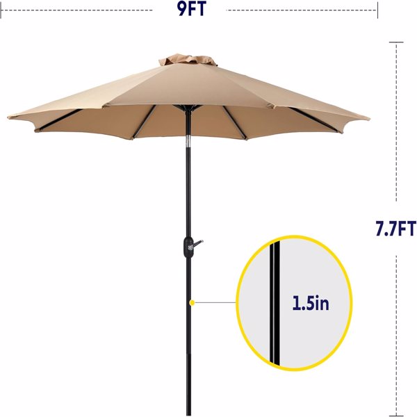 9FT Outdoor Patio Umbrella with 8 Ribs, Table Umbrellas with Push Button Tilt/Crank, UV Protection Waterproof for Garden Deck Backyard Pool, Khaki