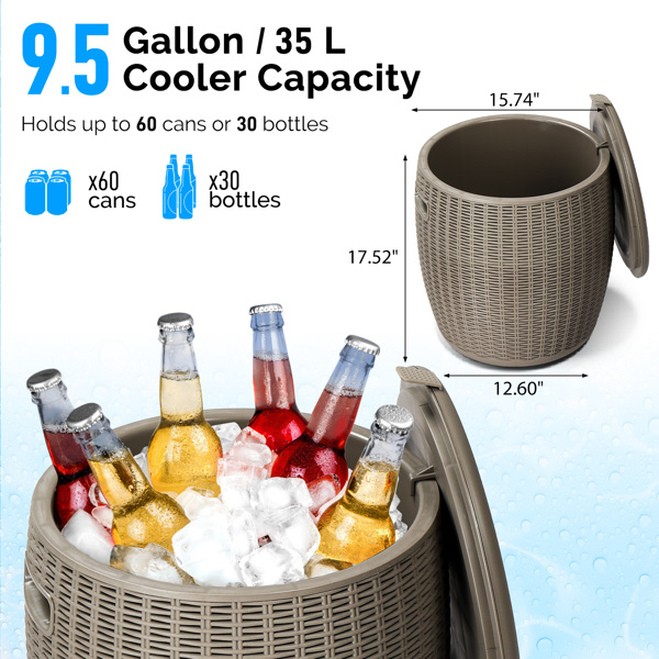 9.5 Gallon Cooler Side Table, Portable Ice Chest with Built-in Handle, Multifunctional Ice Cooler Outdoor Cocktail Side Table w/Lid & Drain for Camping, Picnic, Beach, Pool, Party