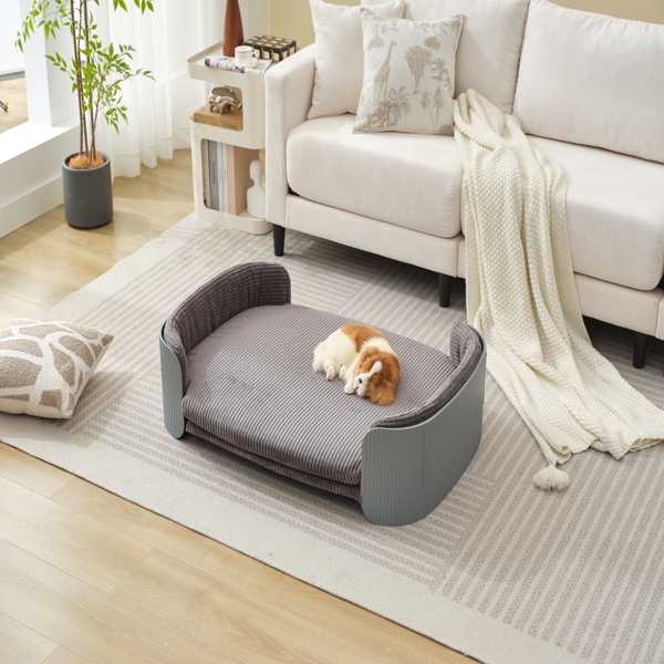 Scandinavian style Cat Couch Bed, Pet Sofa for Indoor Cats PP Indoor Pet Furniture Elevated Cat Beds with Removable Mattress Cover Suitable for Mid or Large  Animal Brand Design Grey+Grey