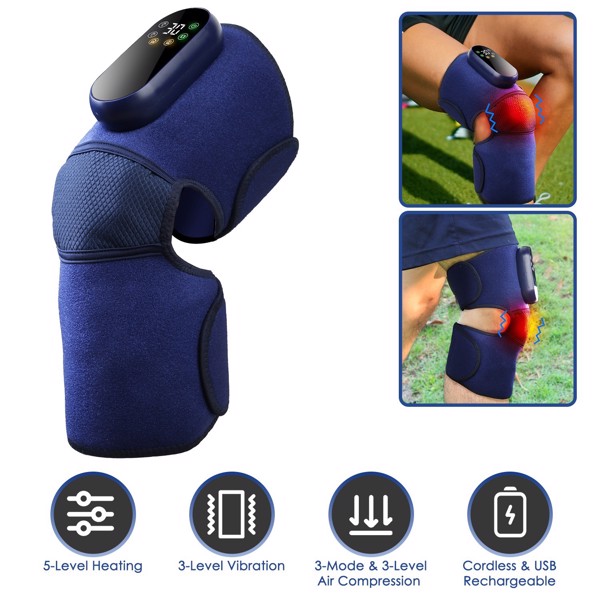 Cordless Knee Massager Heated Knee Brace Wrap Electric Knee Heating Pad with 5-Level Heating 3-Level Vibration 3-Mode & 3-Level Air Compression