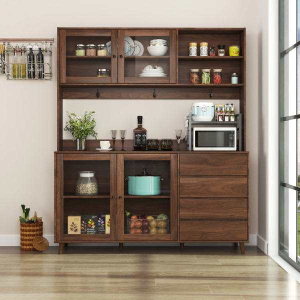 63" W Large Kitchen Hutch Cabinet, Freestanding Pantry Cabinets Storage Kitchen Cupboard with 4 Doors, 4 Drawers & Microwave Shelf, Walnut