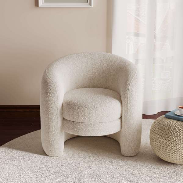 Modern Curved Back Upholstered Accent Chair, Soft Cozy Boucle Fabric, Comfortable Plush Seating, No Assembly Required, Versatile Style for Living Room/Reading Room/Bedroom, Ivory