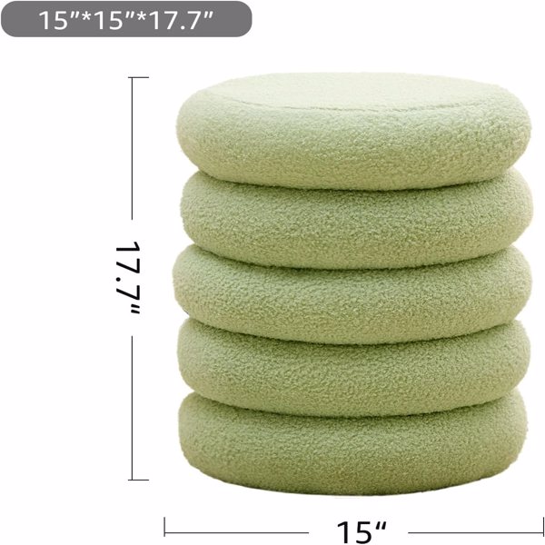 Round Storage Ottoman, Modern Sherpa Footstool, Teddy Vanity Stool with Flip-Top Tray, Makeup Chair for Home Decor, Upholstered Footrest for Living Room & Bedroom (Green)