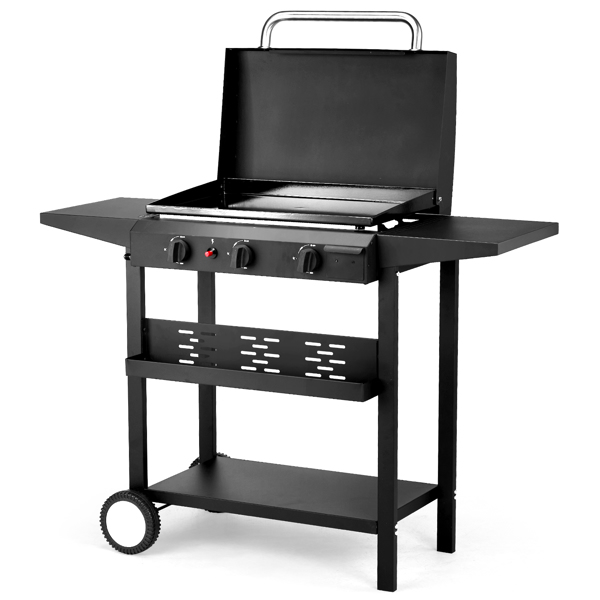 3-Burner Flat Top Gas Griddle Cooking Station with Ceramic Coated Cast Iron Pan, 30,000 BTU Propane Fuelled Griddle Station with Side Shelves & Spice Rack for Outdoor Barbecue Backyard Cookout