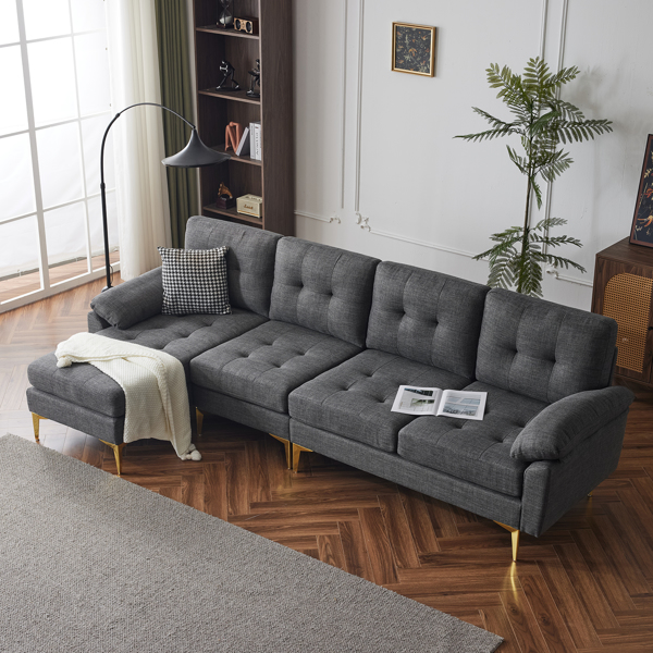 L-Shaped Sectional Sofa Couch for Living Room, Modern 4-Seater Tufted Linen Lounge Sleeper with Chaise, Dark Grey