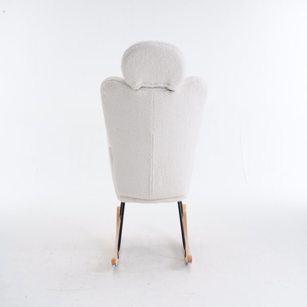 Fabric Upholstered Nursery Rocking Glider Chair Mid Century Modern Accent Arm Chair Padded Seat with High Backrest and Pillows for Living Room Bedroom Offices (Ivory Teddy)