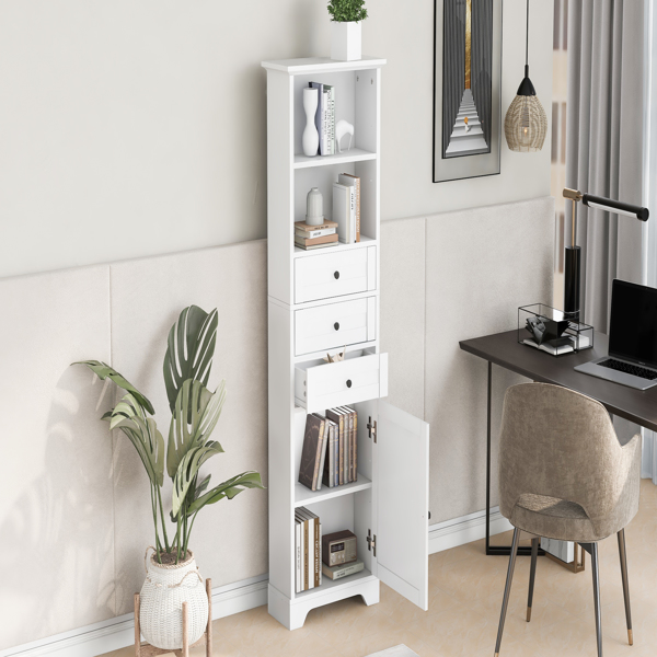 White Tall Storage Cabinet with 3 Drawers and Adjustable Shelves for Bathroom, Study, Office and Interior, MDF Board with Painted Finish