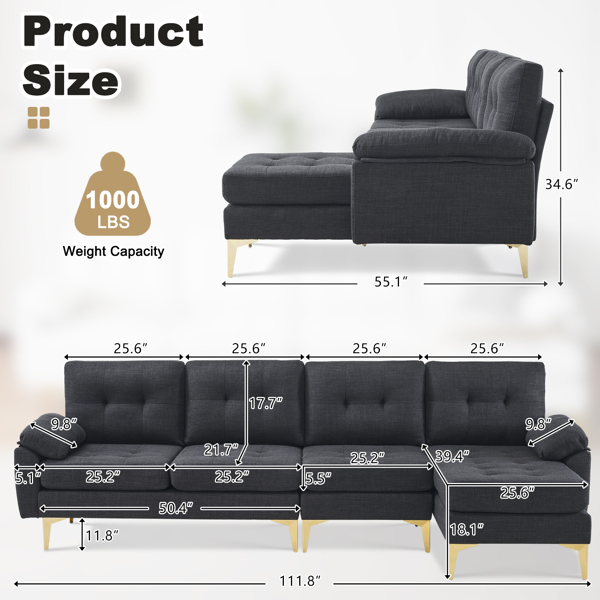 L-Shaped Sectional Sofa Couch for Living Room, Modern 4-Seater Tufted Linen Lounge Sleeper with Chaise, Black