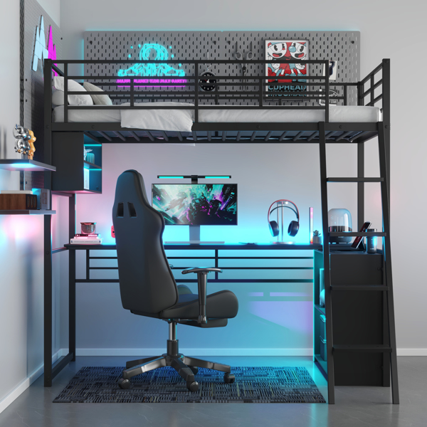 Twin Size Metal Loft Bed with LED, Desk and 4 Storage Shelves, Black