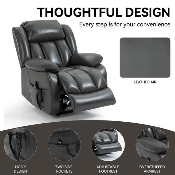 Dual Motor Infinite Position Up to 350 LBS Electric Medium size Leatheraire Grey Power Lift Recliner Chair with 8-Point Vibration Massage and Lumbar Heating