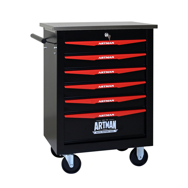 6 Drawers Multifunctional Tool Cart with Wheels,Metal Rolling Tool Cart Storage for Garage Workshop Warehouse Repair Shop--With Stainless Steel Roof- BLACK&RED