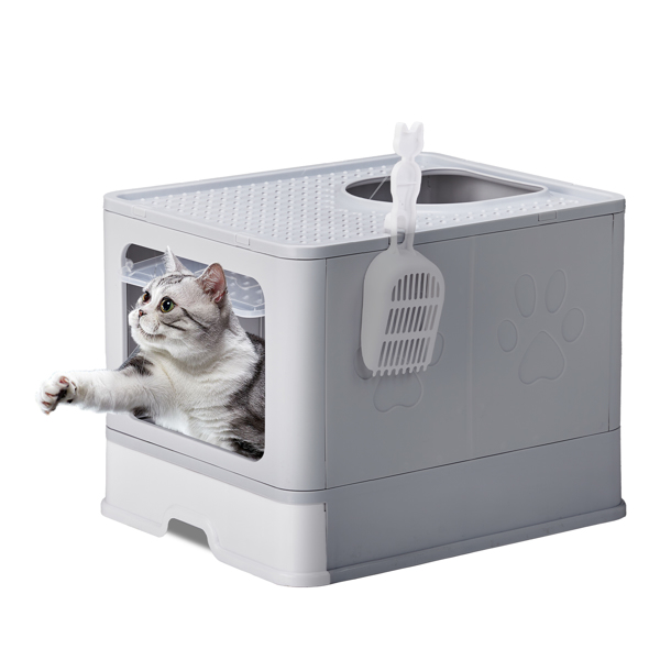 Large Enclosed Cat Litter Box with Lid Cover, Detachable Cat Toilet with Litter Scoop & Slide Out Tray, Front Entry Top Exit Door, Easy to Clean, Gray