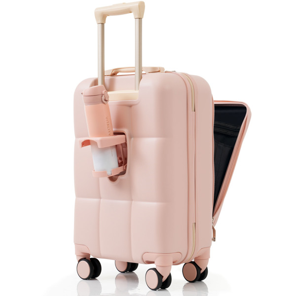 Luggage Sets 3 Piece, 20-inch with USB Port and front opening design,  ABS Hard Shell Luggage with Spinner Wheels, Cup Holder, pink