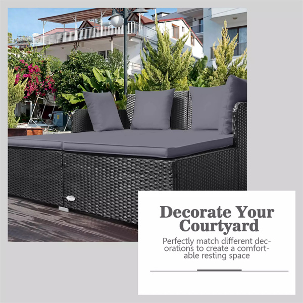 Gray Outdoor Rattan Daybed with Upholstered Cushions