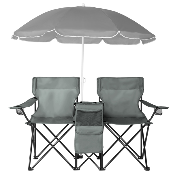 Portable Outdoor 2-Seat Folding Chair with Removable Sun Umbrella Grey