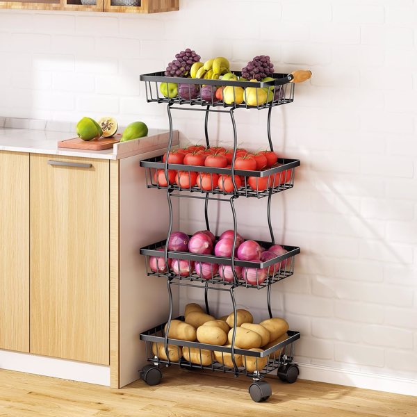 Kitchen with 4 layers of slender fruit baskets, stackable metal wire fruit and vegetable storage baskets with wheeled storage racks, metal agricultural product baskets, black