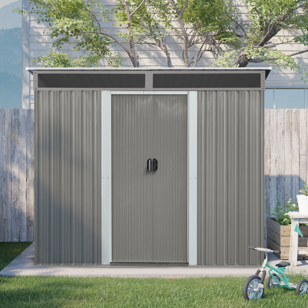 8ft x 6ft Outdoor Metal Storage with Lockable Sliding Doors and Transparent plate for Garden, Lawn (Gray)