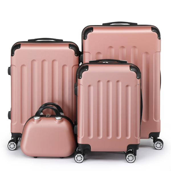 FCH Corner-Protected Four-Piece Set ABS Luggage 20in, 24in, 28in + 12in Handbag with ABS Material and Steel Telescopic Handle in Trendy Rose Gold