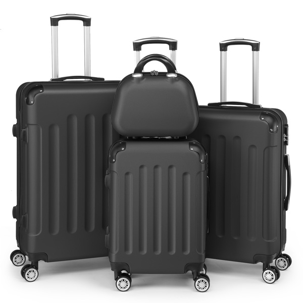 FCH Corner-Protected Four-Piece Set ABS Luggage 20in, 24in, 28in + 12in Handbag with ABS Material and Steel Telescopic Handle in Classic Black