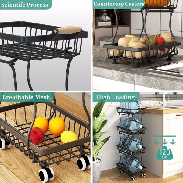 Kitchen with 4 layers of slender fruit baskets, stackable metal wire fruit and vegetable storage baskets with wheeled storage racks, metal agricultural product baskets, black