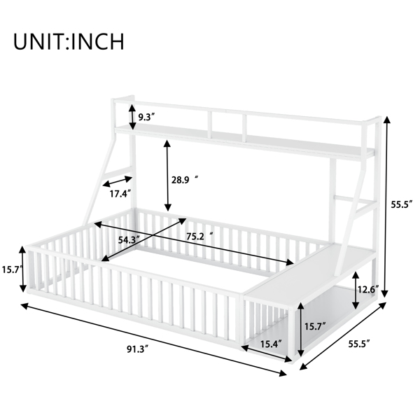 Full Size Floor Bed Frame with Safety Fence, Metal Floor Bed with Desk and Storage Shelves, Playhouse for Kids, White