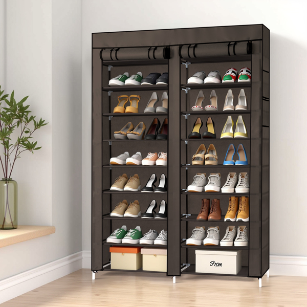 FCH Double Row 10-Tier Non-Woven Fabric Shoe Cabinet with Iron Pipes and Plastic Components, Brown