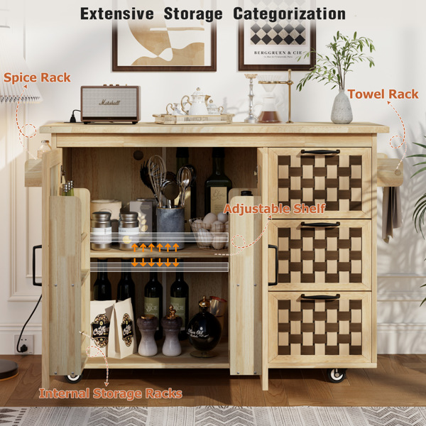 53.2"W 3D Woven Checkerboard Pattern Design Kitchen Island with Drop Leaf, Rolling Kitchen Island on Wheels with Internal Storage Rack, Power Outlet, Kitchen Cart with 3 Drawers 2 Cabinets, Nature