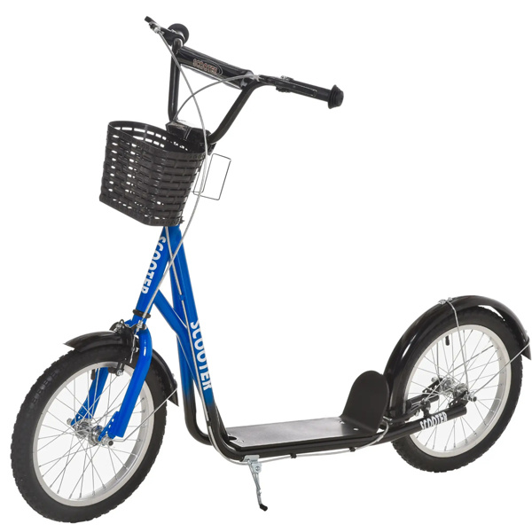 Youth Scooter with Adjustable Handlebars and plastic basket  16" Inflatable Rubber Tires  -Blue