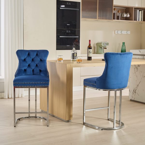 25" Counter Height Bar Stools Set of 2, Modern Velvet Barstools with Button Back&Rivet Trim Upholstered Kitchen Island Chairs with Sturdy Chromed Metal Base Legs Farmhouse Bar Stools, (Blue,2 Pack)