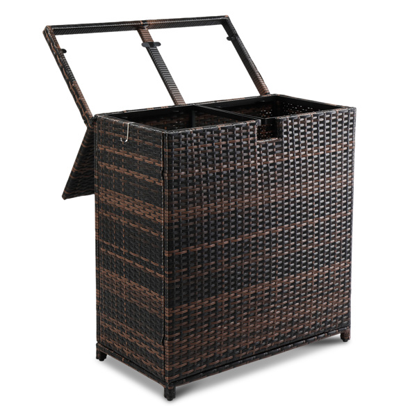 Outdoor Large Wicker Trash Bins, 72 Gallon Hideaway Rattan Trash Cans with Dual Lids for Porch Backyard Deck Patio Poolside, Brown