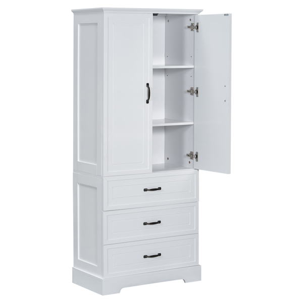 Tall Bathroom Storage Cabinet, Cabinet with Two Doors and Drawers, Adjustable Shelf, MDF Board, White