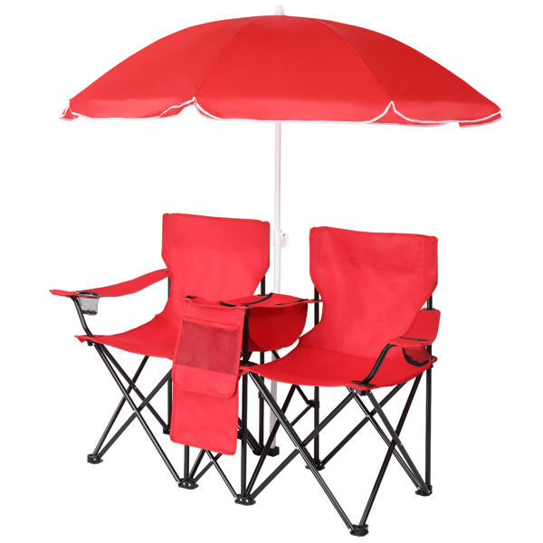 Portable Outdoor 2-Seat Folding Chair with Removable Sun Umbrella Red