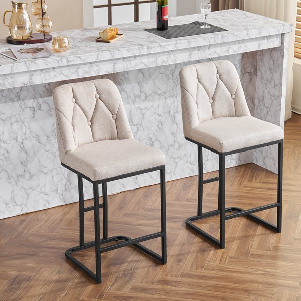 Set of 2,Modern Upholstered Bar Stool with Button-Tufted Backrest, Counter Height Chair with Sturdy Metal Frame, Comfortable Padded Seat for Kitchen, Bar, or Dining Room - Beige