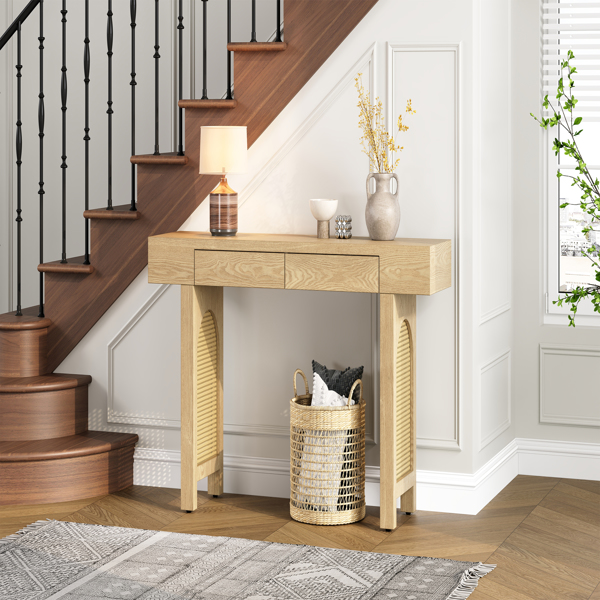 Narrow Console Table with Rattan Accent, Natural Wood Finish Entryway Table with Storage Drawers, Stylish Rustic Sofa Table for Living Room and Hallway (Natural)