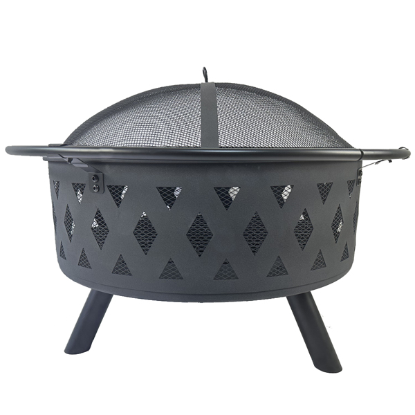 Round fire pit with net cover, fire poker, diamond mesh, metal wood burning outdoor fire pit, suitable for courtyards, backyards, gardens, bonfire parties, Christmas, Thanksgiving, Halloween