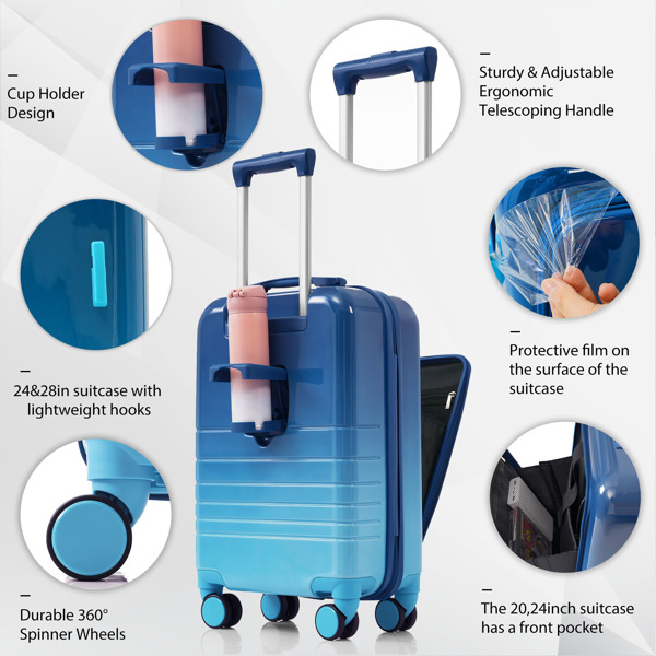 3-Piece Luggage Set with 20" Front-Opening Carry-On, 28"  Suitcase, and Expandable Travel Bag, blue