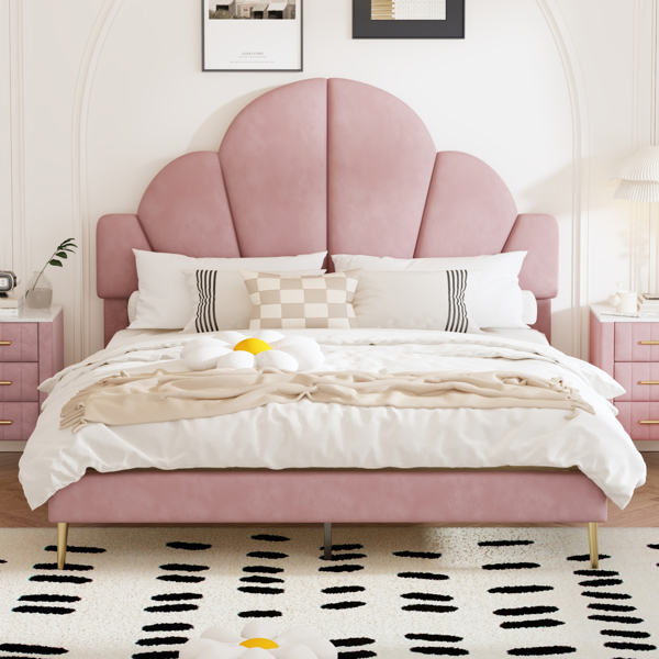 Queen Size Upholstered Bed Frame with Elegant Design, Modern Velvet Platform Bed with Petal Shape Headboard,Pink