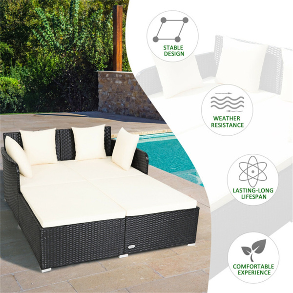 White Outdoor Rattan Daybed with Upholstered Cushions