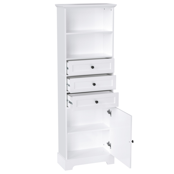 White Tall Storage Cabinet with 3 Drawers and Adjustable Shelves for Bathroom, Study, Office and Interior, MDF Board with Painted Finish