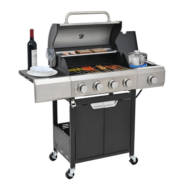 Propane Grill 4 Burner Barbecue Grill Stainless Steel Gas Grill with Side Burner for Outdoor BBQ, Camping