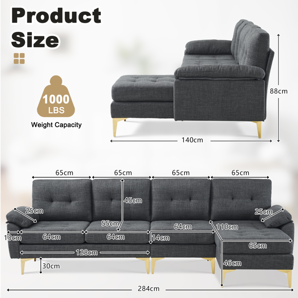 L-Shaped Sectional Sofa Couch for Living Room, Modern 4-Seater Tufted Linen Lounge Sleeper with Chaise, Dark Grey